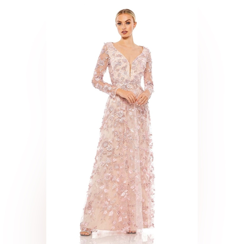 Mac Duggal 70224 size 10 pink floral appliqué long sleeve illusion gown